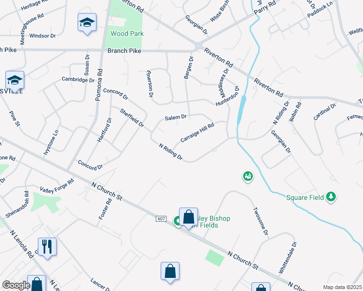 map of restaurants, bars, coffee shops, grocery stores, and more near 256 Carraige Hill Road in Moorestown