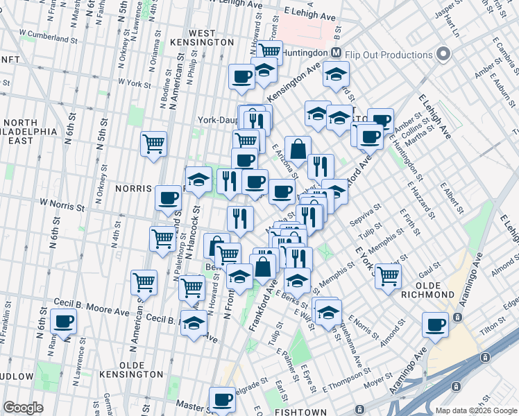 map of restaurants, bars, coffee shops, grocery stores, and more near 2041 Coral Street in Philadelphia