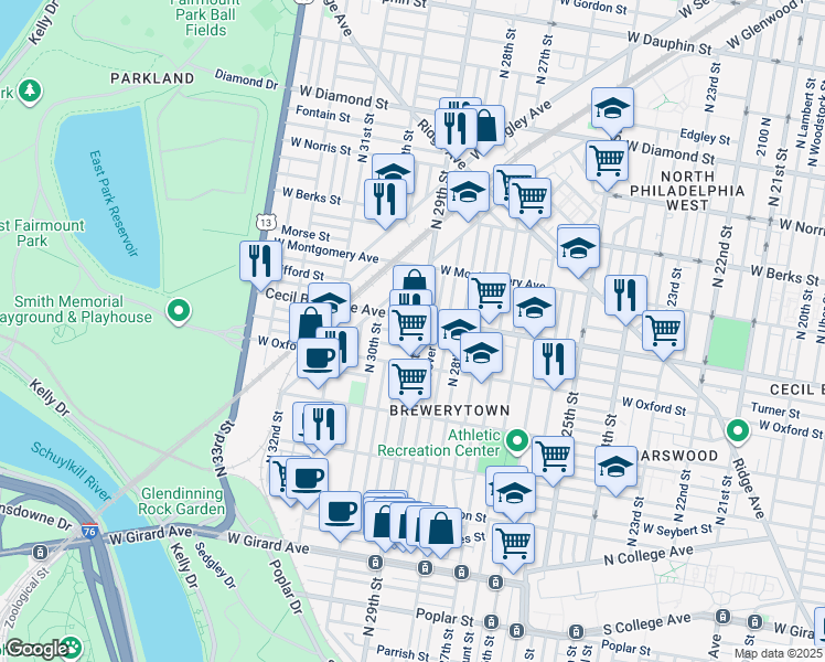 map of restaurants, bars, coffee shops, grocery stores, and more near in Philadelphia