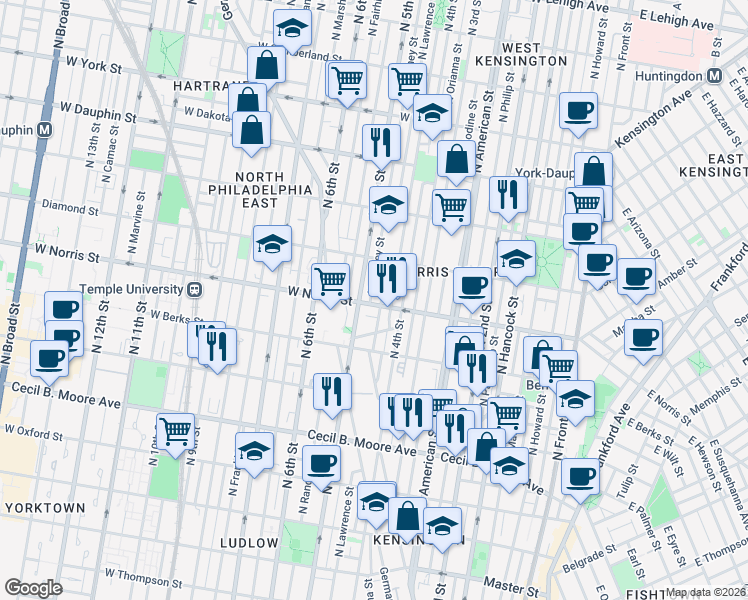 map of restaurants, bars, coffee shops, grocery stores, and more near 1937 North 5th Street in Philadelphia