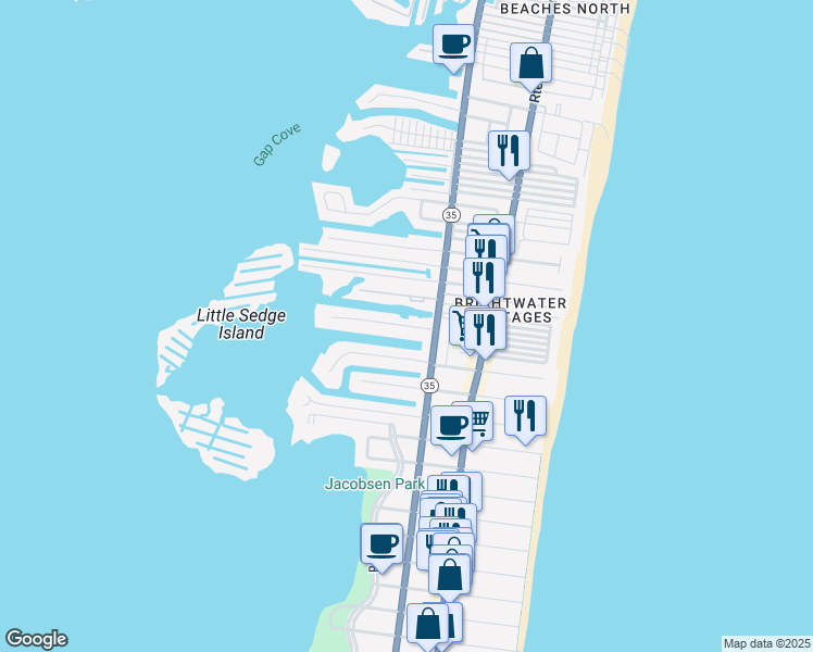 map of restaurants, bars, coffee shops, grocery stores, and more near 215 Bay Beach Way in Lavallette