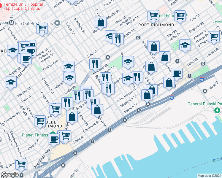 map of restaurants, bars, coffee shops, grocery stores, and more near 2822 Livingston Street in Philadelphia