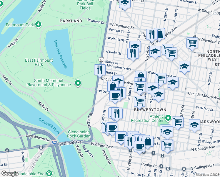 map of restaurants, bars, coffee shops, grocery stores, and more near 1601 North 32nd Street in Philadelphia