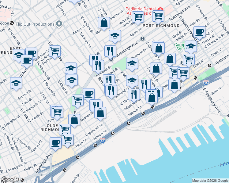 map of restaurants, bars, coffee shops, grocery stores, and more near 2820 Almond Street in Philadelphia