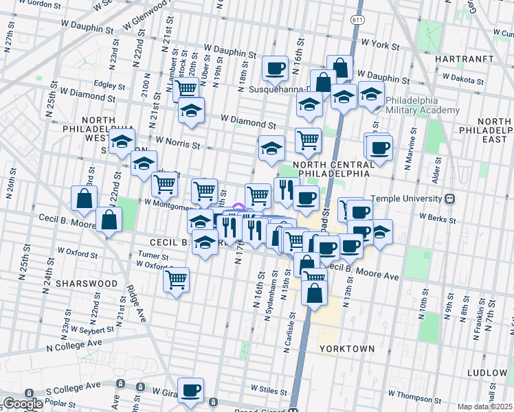 map of restaurants, bars, coffee shops, grocery stores, and more near 1725 West Montgomery Avenue in Philadelphia