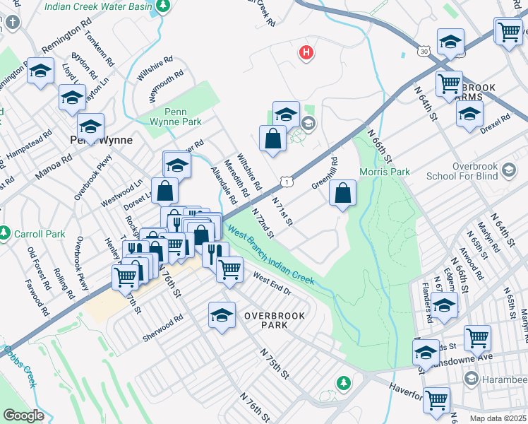 map of restaurants, bars, coffee shops, grocery stores, and more near 1835 North 72nd Street in Philadelphia