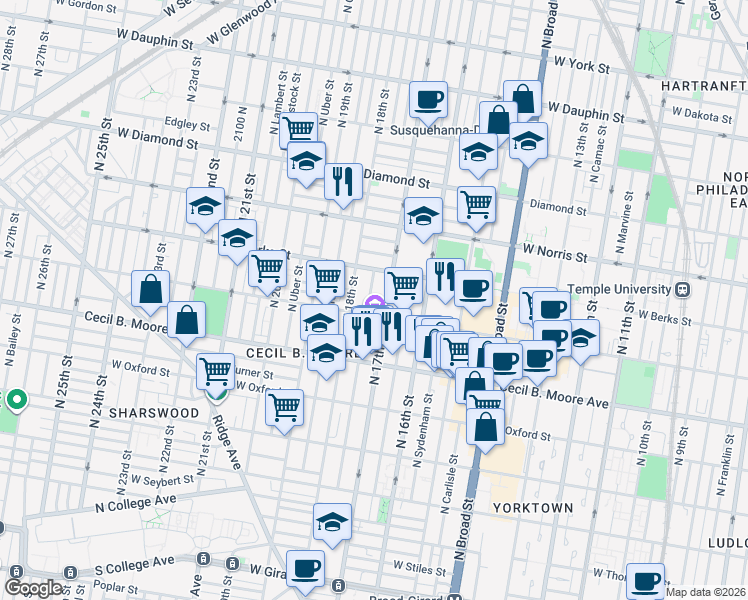 map of restaurants, bars, coffee shops, grocery stores, and more near 1731 West Montgomery Avenue in Philadelphia