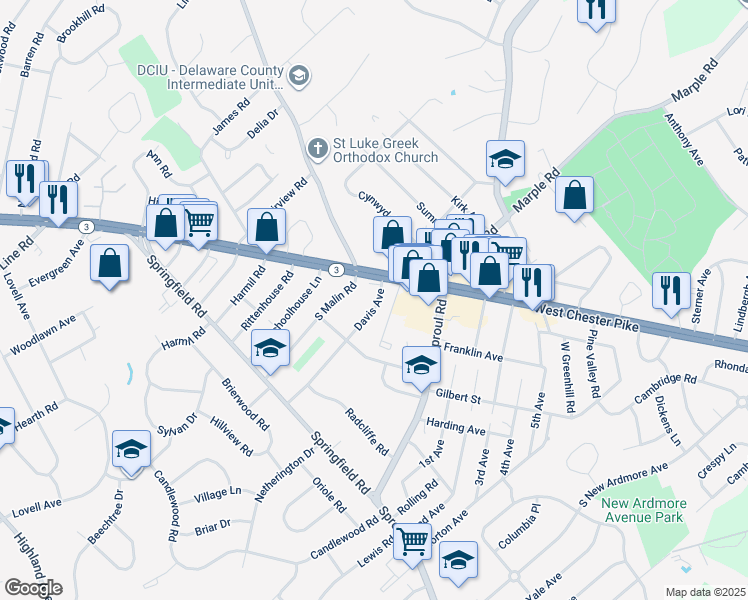 map of restaurants, bars, coffee shops, grocery stores, and more near 18 Davis Avenue in Broomall