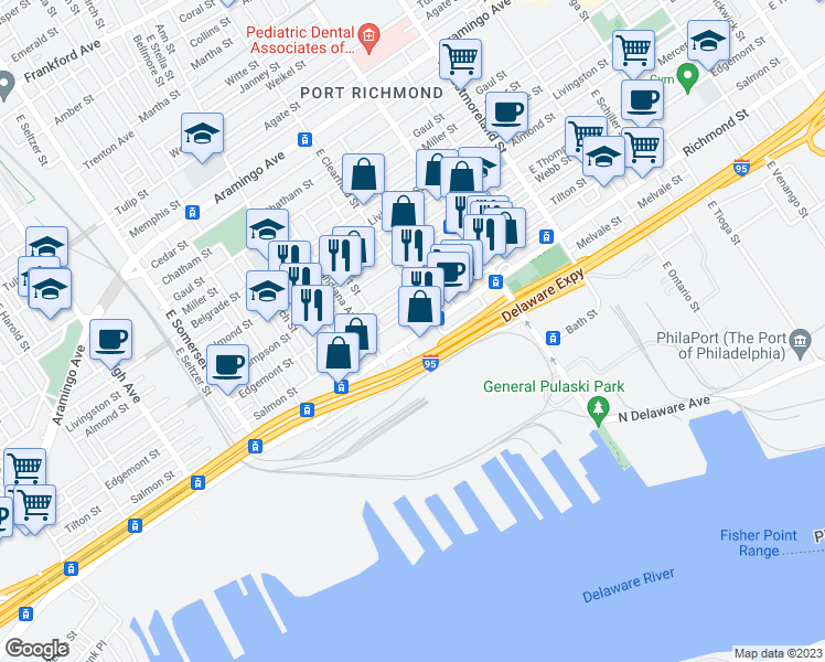 map of restaurants, bars, coffee shops, grocery stores, and more near 3044 Richmond Street in Philadelphia