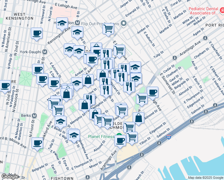 map of restaurants, bars, coffee shops, grocery stores, and more near 2309 East Sergeant Street in Philadelphia