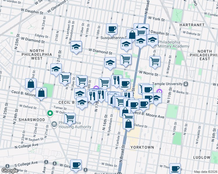 map of restaurants, bars, coffee shops, grocery stores, and more near 1830 North 16th Street in Philadelphia