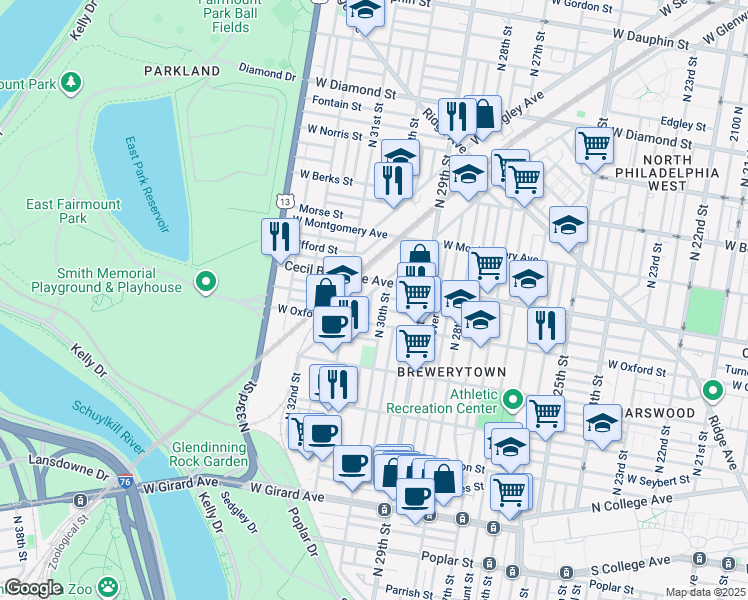 map of restaurants, bars, coffee shops, grocery stores, and more near 1633 North Corlies Street in Philadelphia