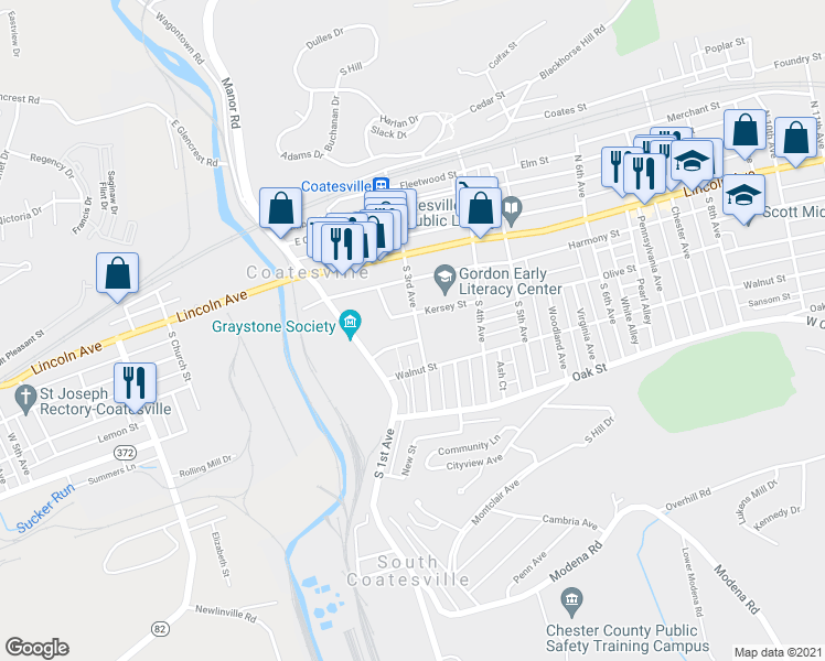 map of restaurants, bars, coffee shops, grocery stores, and more near 70 South 3rd Avenue in Coatesville
