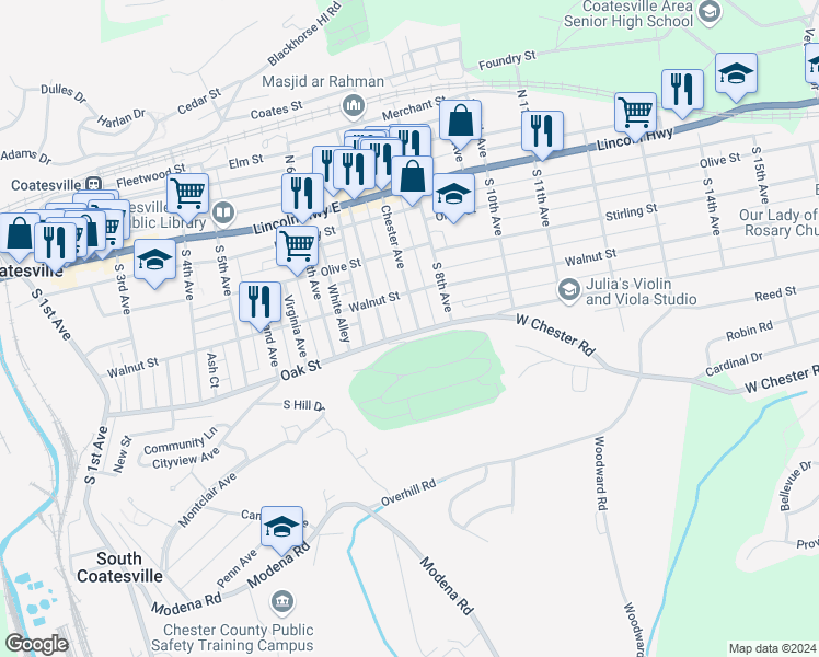 map of restaurants, bars, coffee shops, grocery stores, and more near 142 Chester Avenue in Coatesville