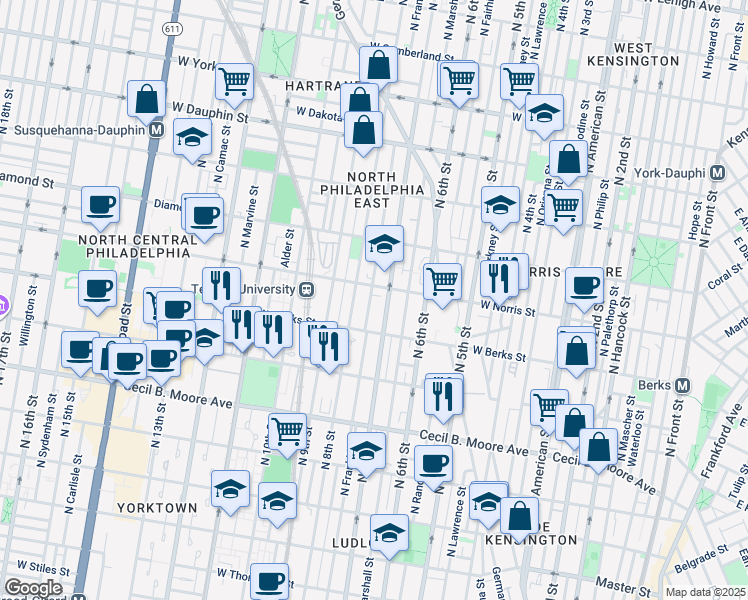 map of restaurants, bars, coffee shops, grocery stores, and more near 1921 North Franklin Street in Philadelphia