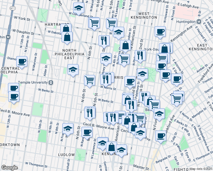 map of restaurants, bars, coffee shops, grocery stores, and more near 2002 North Leithgow Street in Philadelphia