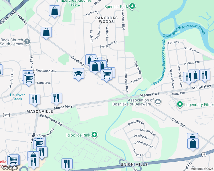map of restaurants, bars, coffee shops, grocery stores, and more near 115 Creek Rd in Mt Laurel
