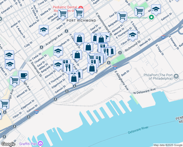 map of restaurants, bars, coffee shops, grocery stores, and more near 3050 Richmond St in Philadelphia
