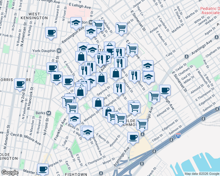 map of restaurants, bars, coffee shops, grocery stores, and more near 2202 East Cumberland Street in Philadelphia