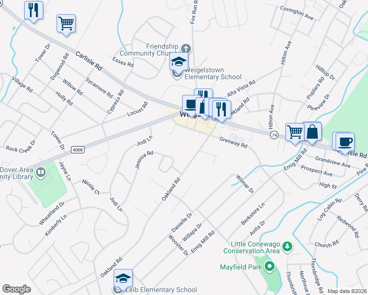 map of restaurants, bars, coffee shops, grocery stores, and more near 2530 Oakland Road in Dover