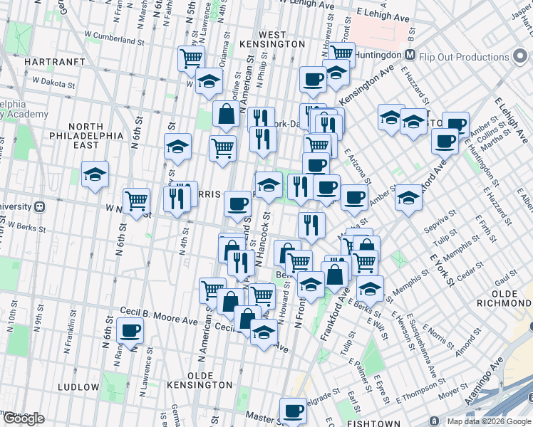 map of restaurants, bars, coffee shops, grocery stores, and more near North Hancock Street in Philadelphia