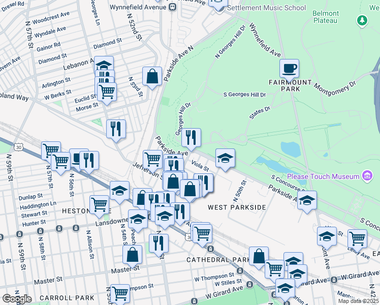 map of restaurants, bars, coffee shops, grocery stores, and more near 5200 Parkside Avenue in Philadelphia