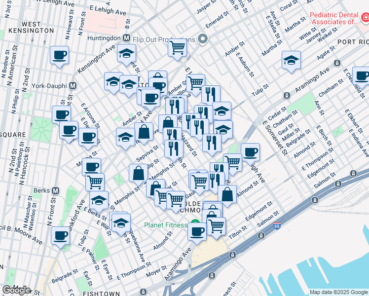 map of restaurants, bars, coffee shops, grocery stores, and more near 2309 East Sergeant Street in Philadelphia