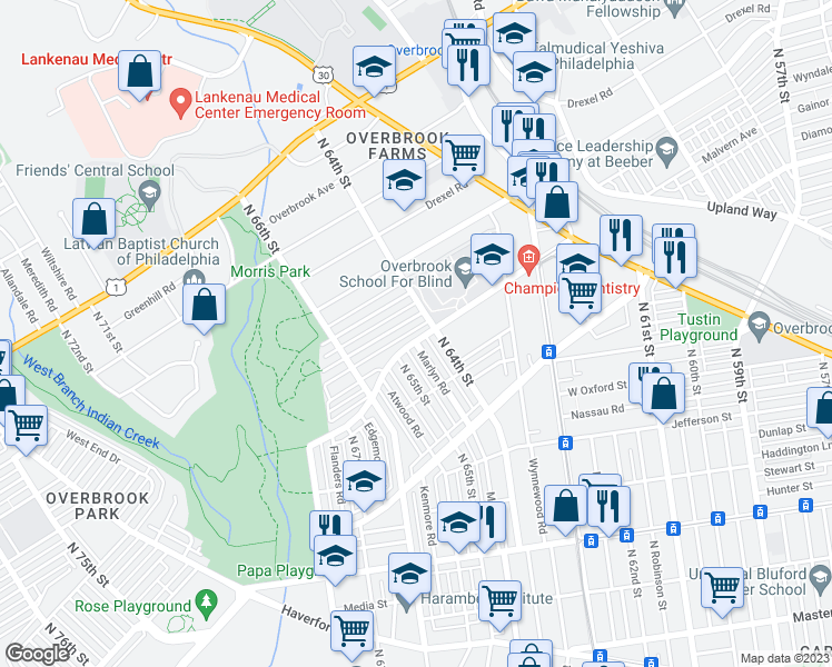 map of restaurants, bars, coffee shops, grocery stores, and more near 6415 Malvern Avenue in Philadelphia