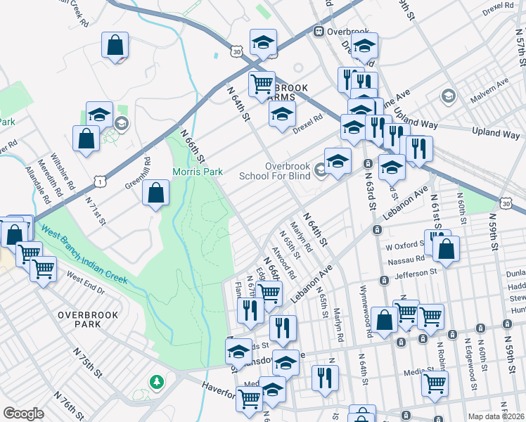 map of restaurants, bars, coffee shops, grocery stores, and more near 6472 Morris Park Road in Philadelphia