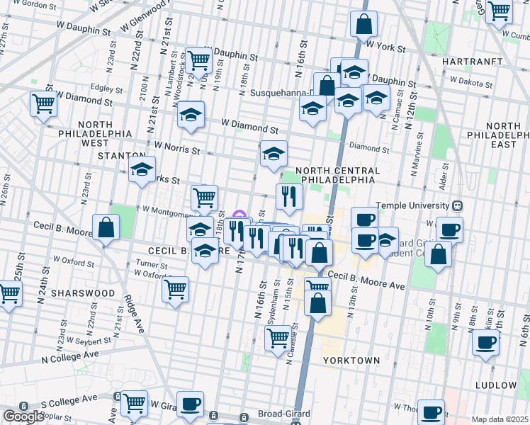 map of restaurants, bars, coffee shops, grocery stores, and more near 1835 Willington Street in Philadelphia