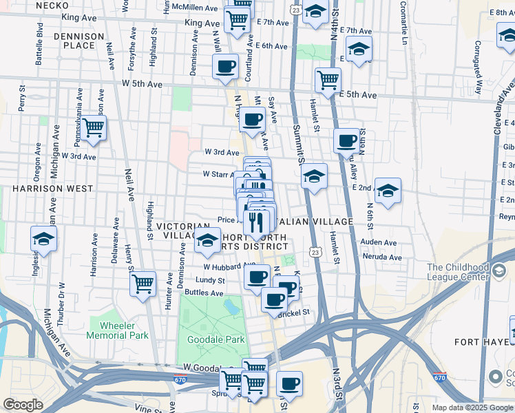 map of restaurants, bars, coffee shops, grocery stores, and more near 906 North High Street in Columbus