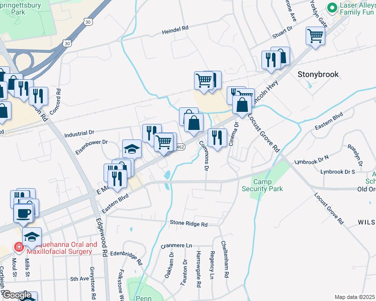 map of restaurants, bars, coffee shops, grocery stores, and more near 3600 East Market Street in York