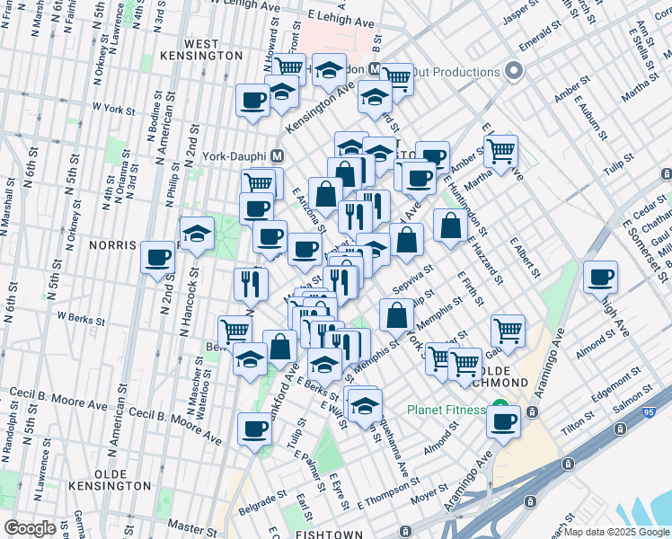 map of restaurants, bars, coffee shops, grocery stores, and more near 2134 East Dauphin Street in Philadelphia