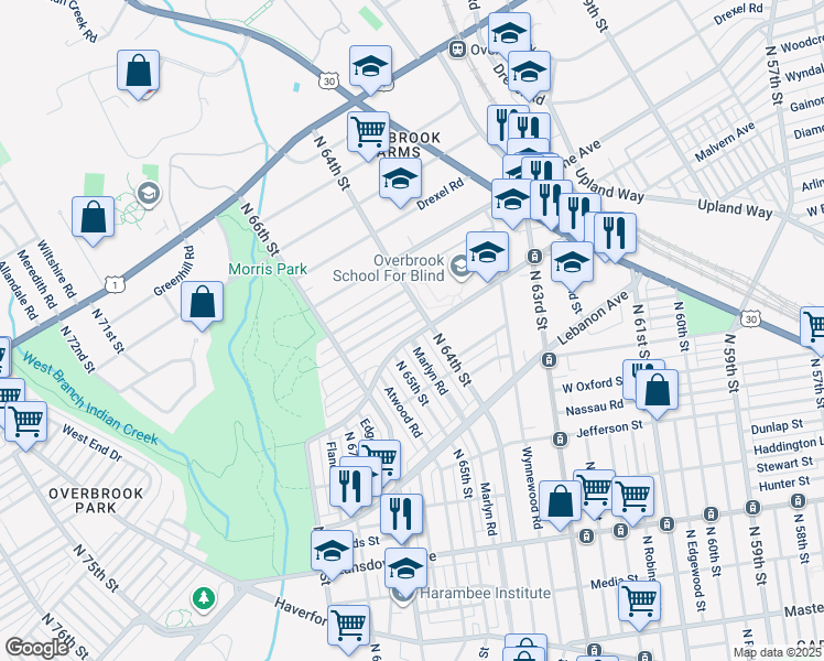 map of restaurants, bars, coffee shops, grocery stores, and more near 6415 Malvern Avenue in Philadelphia