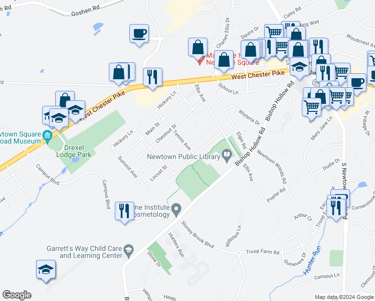map of restaurants, bars, coffee shops, grocery stores, and more near 702 Tennis Avenue in Newtown Square