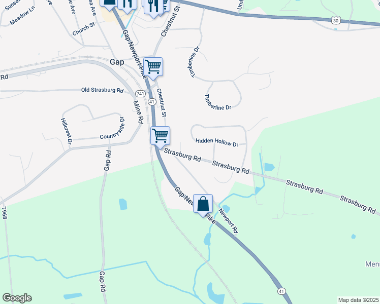 map of restaurants, bars, coffee shops, grocery stores, and more near 5407 Strasburg Road in Gap