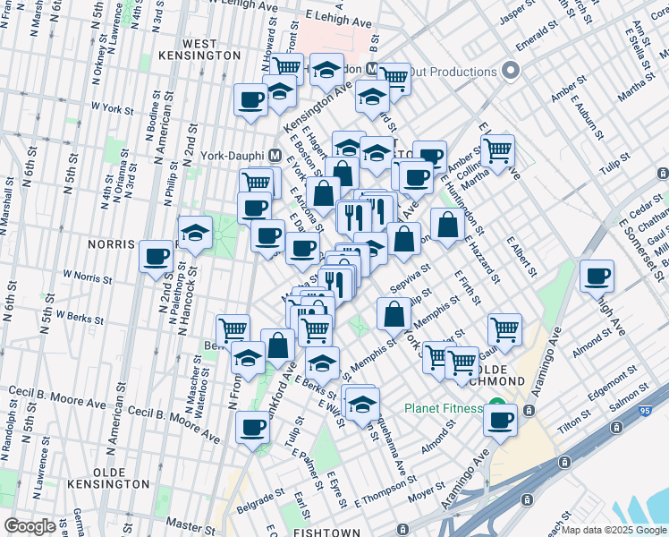 map of restaurants, bars, coffee shops, grocery stores, and more near 2134 East Dauphin Street in Philadelphia
