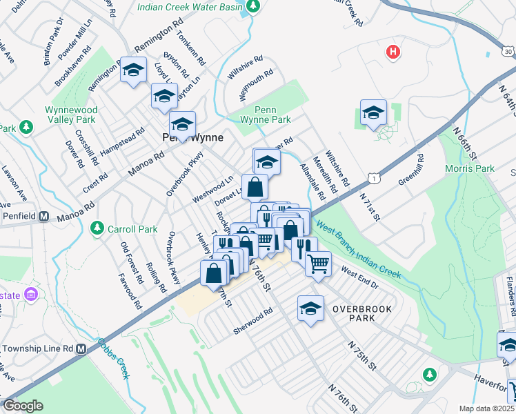 map of restaurants, bars, coffee shops, grocery stores, and more near 35 Haverford Road in Wynnewood