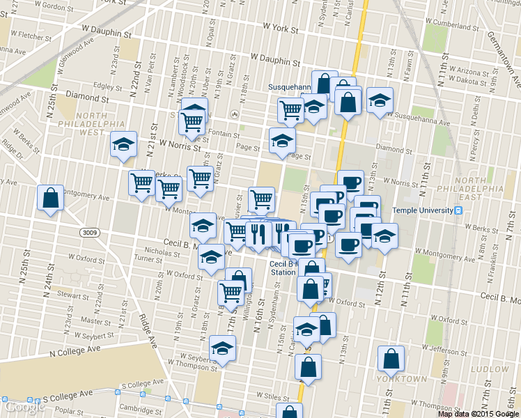 map of restaurants, bars, coffee shops, grocery stores, and more near 1824 North Willington Street in Philadelphia