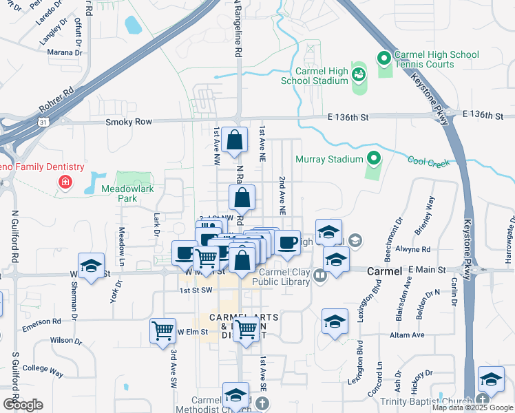 map of restaurants, bars, coffee shops, grocery stores, and more near 340 1st Avenue Northeast in Carmel