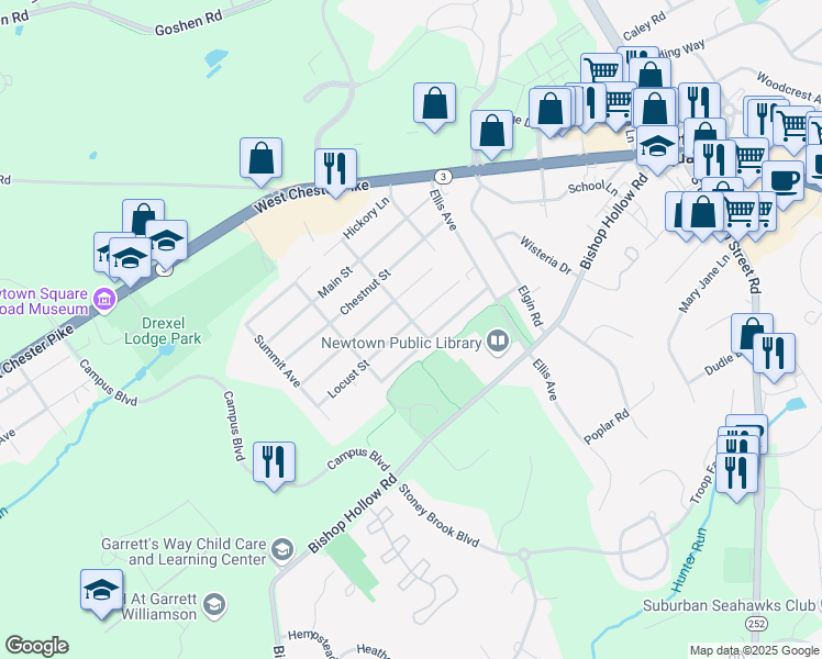 map of restaurants, bars, coffee shops, grocery stores, and more near 702 Tennis Avenue in Newtown Square