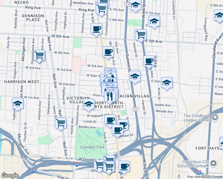 map of restaurants, bars, coffee shops, grocery stores, and more near 936 North High Street in Columbus