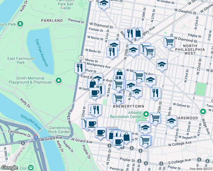 map of restaurants, bars, coffee shops, grocery stores, and more near 1633 North Corlies Street in Philadelphia
