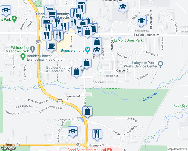 map of restaurants, bars, coffee shops, grocery stores, and more near 274 Casper Drive in Lafayette