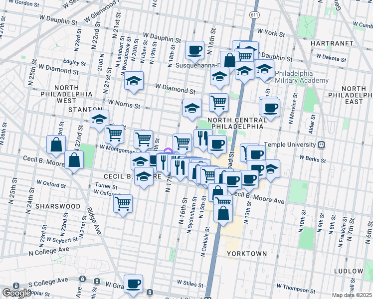 map of restaurants, bars, coffee shops, grocery stores, and more near 1813 North 16th Street in Philadelphia