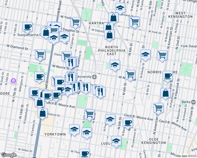map of restaurants, bars, coffee shops, grocery stores, and more near 1900 North 9th Street in Philadelphia