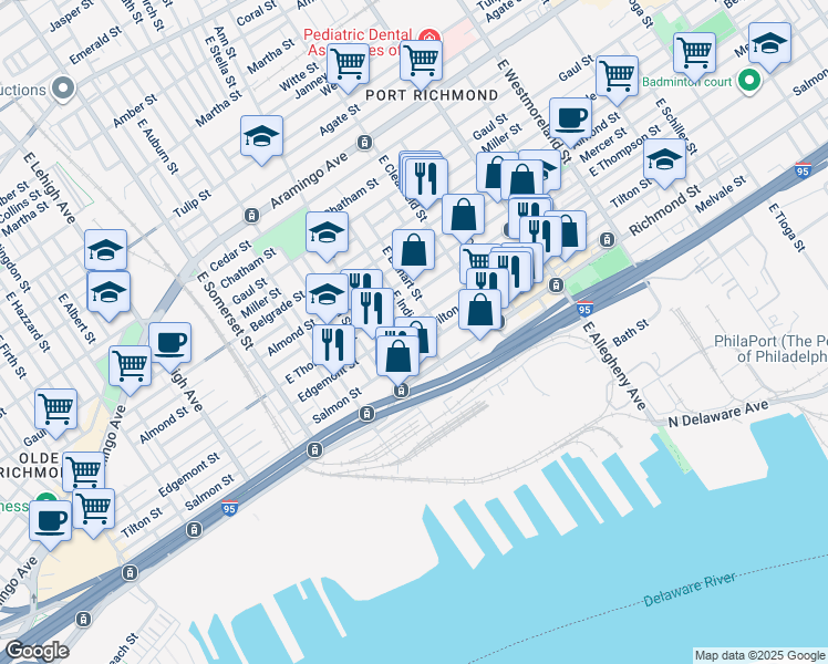 map of restaurants, bars, coffee shops, grocery stores, and more near 2708 East Indiana Avenue in Philadelphia
