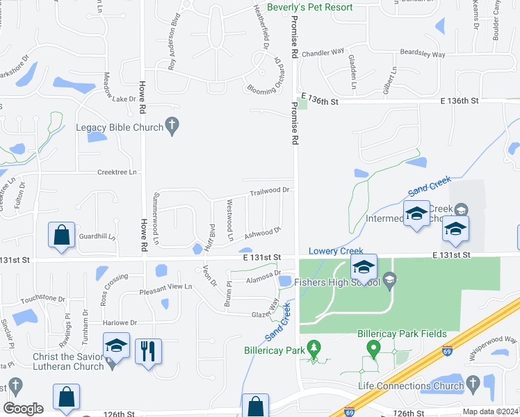 map of restaurants, bars, coffee shops, grocery stores, and more near 13286 Eastwood Lane in Fishers