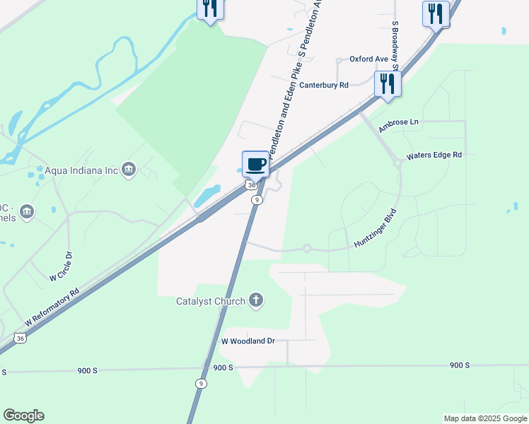 map of restaurants, bars, coffee shops, grocery stores, and more near 8504 Indiana 9 in Pendleton