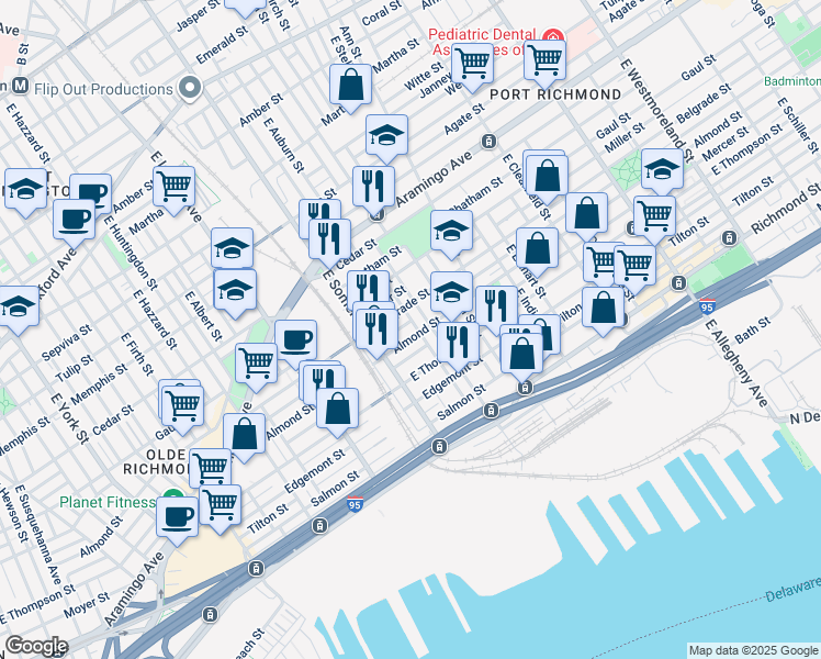 map of restaurants, bars, coffee shops, grocery stores, and more near 2852 Almond Street in Philadelphia
